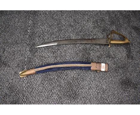 A small Indian Sword, possibly for a child, floral decoration to blade, stamped Made In India, metal, wood and cloth scabbard