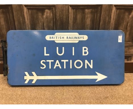 DOUBLE SIDED BRITISH RAILWAYS SIGN FOR LUIB STATION the white lettering with BR logo, Luib Station and pointer arrow on a sky