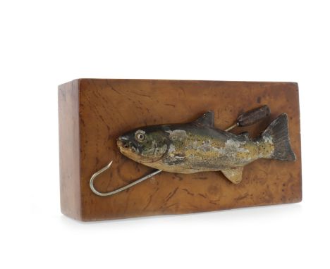 VICTORIAN BURR WALNUT TACKLE BOXmounted with a hand painted rainbow trout and fishing hook, of rectangular form, 17cm long: t