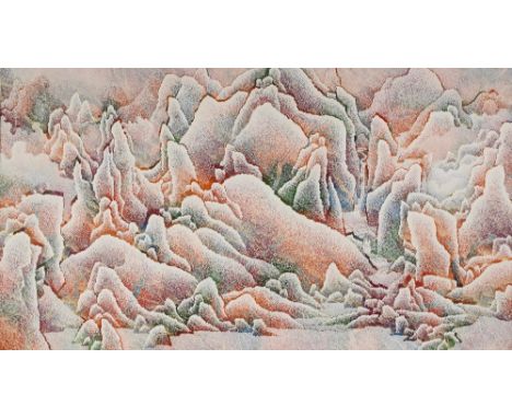 QIU DESHU (b.1948)Mountainscape (Red), 2005Ink, acrylic and xuan paper on canvas.  200cm high x 360cm wide  (78 3/4 high x 14