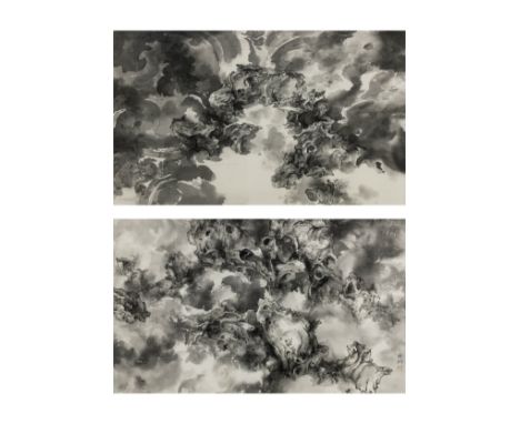 TAI XIANGZHOU (b.1968)Cosmos Worlds 1 and 2, 2014Two paintings, ink on paper, each framed.   45cm high x 75cm wide (17 3/4in 