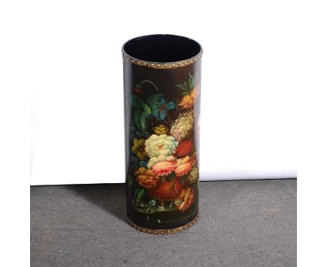 Paper mache stick stand, cylindrical form, painted with flowers, diameter 25cm, height 61cm.