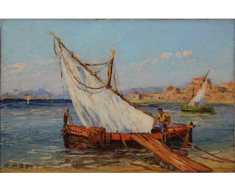 R About, Neapolitan coastal scene, oil on board, 24x33cm;and an unframed oil on canvas (un-stretchered) signed H Moukaka.