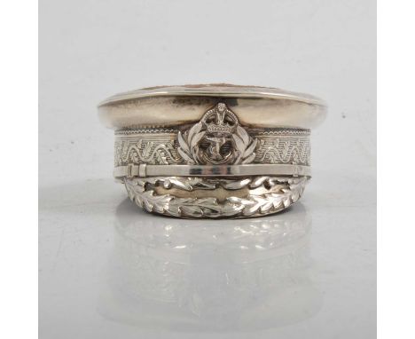 Edwardian novelty pin cushion, designed as a naval cap, S Blankensee &amp; Son Ltd, Chester 1910, length 7.5cm.