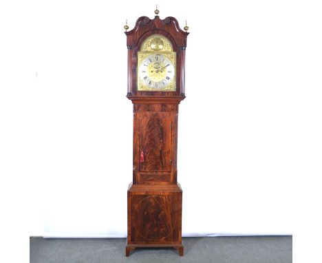 Victorian mahogany longcase clock, swan neck pediment with gilt finials, fluted column supports, short door with lancet top, 