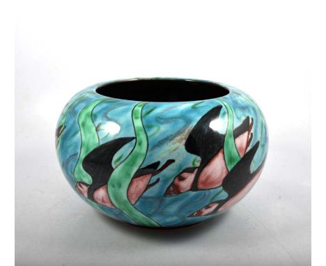 Poole Pottery 'Puffins' concave bowl, signed by N Massarella, with 'Unique' Studio Piece certificate,18cm x 30cm.