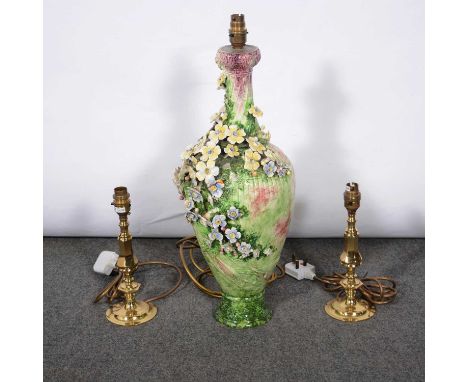 A pair of gilt metal electric chandeliers with prismatic glass drops, 27cm diameter; an onyx lamp with brass base and mounts,