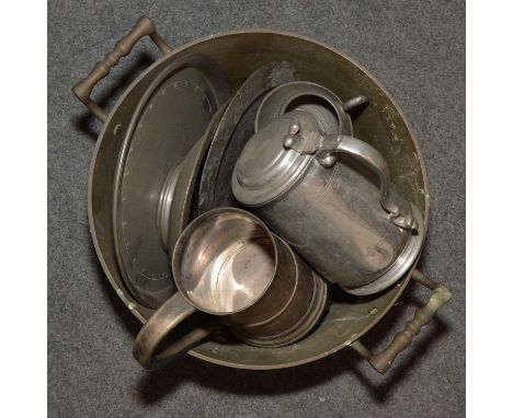 Brass jam pan, a number 20 rumble or crotal bell by Robert Wells bell foundry of Aldbourne, Wiltshire, 22cm pewter plate, mak