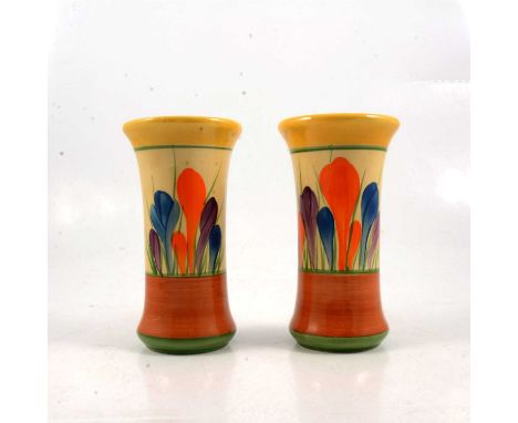 Pair of Clarice Cliff crocus pattern vases, waisted form with a flared rim, printed marks, 16cm.
