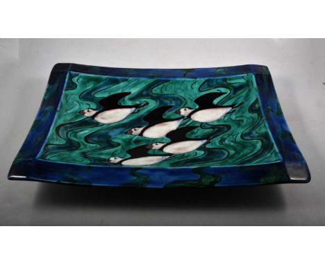 Poole Pottery 'Puffins' rectangular platter, signed by N Massarella, with 'Unique' studio piece certificate, 36cm x 52cm.
