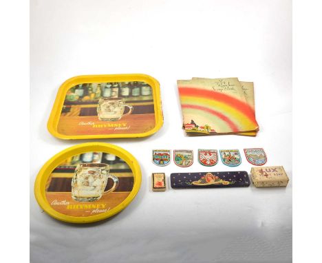 Tray of ephemera, postcards, Bassette Lowke catalogue 1955-1956 edition, 1940's children's greetings cards, vintage Lux, Cama