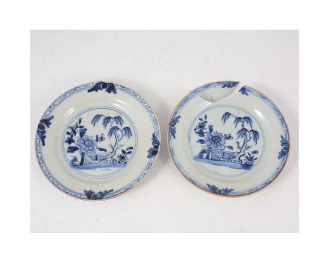 Two Chinese export blue and white saucers, painted decoration, 16.5cm, one damaged.