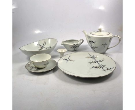 An extensive Noritake table service, bamboo design with thin grey rim, comprising plates, rice bowls, eggcups, bowls, lidded 