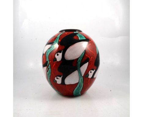 Poole Pottery 'Puffins' vase, signed by N Massarella, with 'Unique' Studio Piece certificate,17cm.