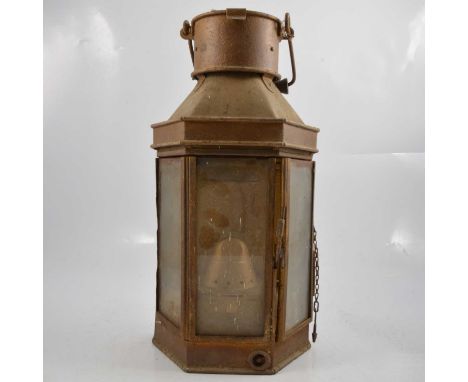 Brass and copper mast head ships lamp, height 42cm.