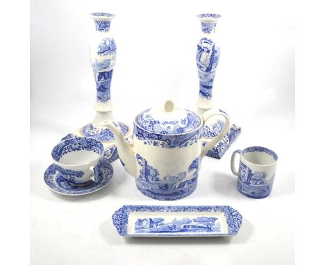 Spode Italian table and decorative ware, a pair of candlesticks, teapot, mugs, plates in varying sizes etc.