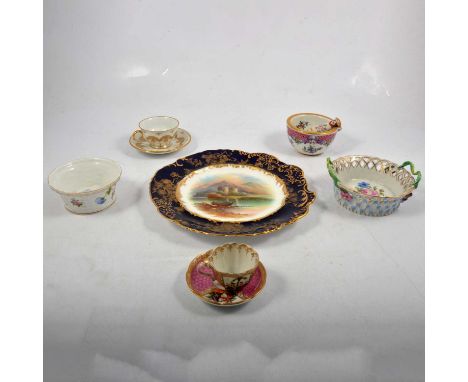 A Dresden twin-handled basket, pierced floral decoration, 13cm; a small Dresden bowl; a hand-painted cabinet plate depicting 