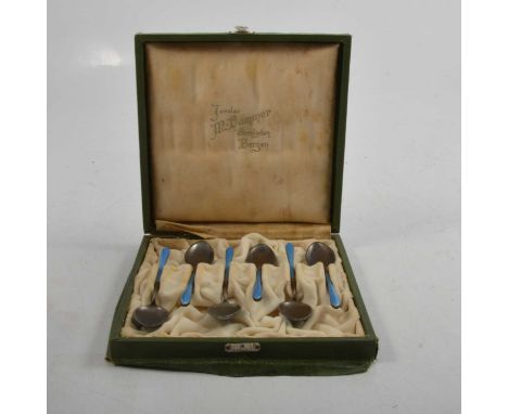 A set of six Norwegian white metal and blue enamel coffee spoons, Norwegian hallmarks for Marius Hammer and 930S, in branded 