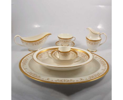 A Royal Doulton 'Belmont' pattern part dinner and tea service, comprising plates, meat platter, serving bowl, twin-handled so