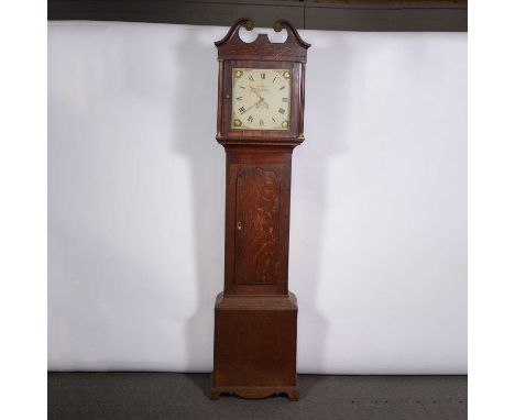 Oak longcase clock, the case with swan neck pediment, half fluted supports, long door, bracket feet, 12" square painted dial 