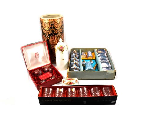 Reproduction Chinese stick stand, 46cm; Royal Albert "Old Country Roses" canister and cover, and trinket dish and cover; boxe