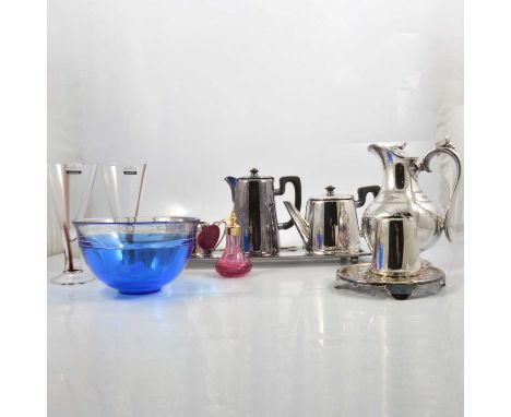 A Swedish Orrefors blue glass bowl, diameter 18cm; a pair of Dartington flutes; Caithness atomiser; and a small collection of