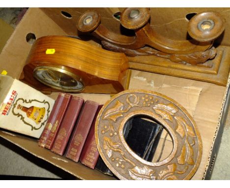 A BOX OF TREEN TO INCLUDE A CARVED OAK THREE BRANCH CANDLE STAND WITH LION DETAIL, MANTEL CLOCK ETC.