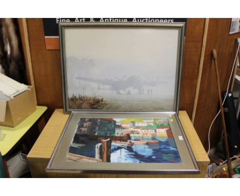 A FRAMED OIL ON CANVAS DEPICTING A HARBOUR SCENE SIGNED QUINE LOWER LEFT, TOGETHER WITH A COULSON PRINT OF A LANCASTER BOMBER