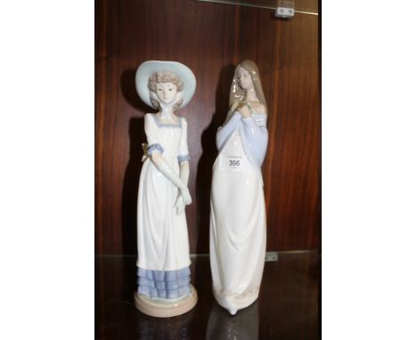 TWO LARGE NAO FIGURES OF A GIRL HOLDING FLOWERS AND A LADY IN A BONNET