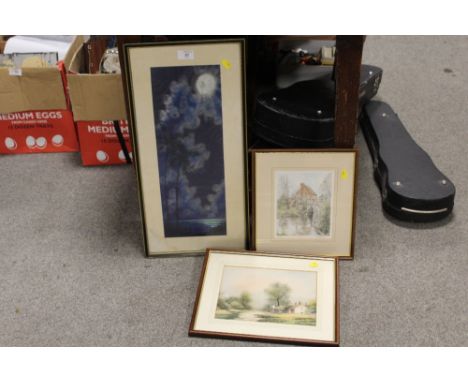 A FRAMED AND GLAZED WATERCOLOUR OF A RURAL RIVER SCENE WITH COTTAGE SIGNED JAMES, TOGETHER WITH A SIGNED LIMITED EDITION PRIN