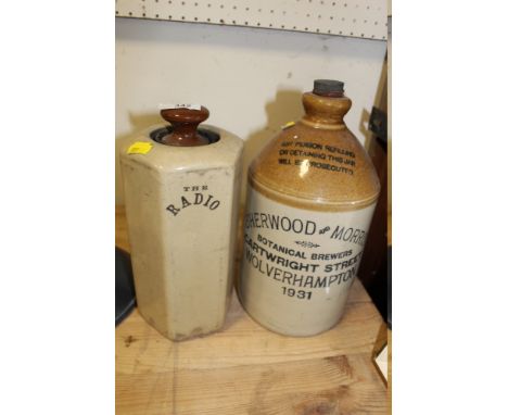 A SHERWOOD AND MORRIS ADVERTISING FLAGON TOGETHER WITH ANOTHER MARKED 'THE RADIO' (2)