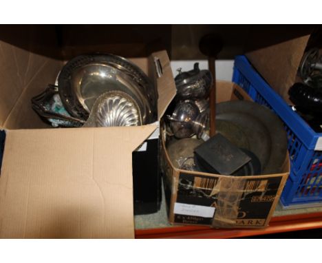 TWO BOXES OF ASSORTED METALWARE TO INCLUDE A SILVER PLATED TEA SERVICE