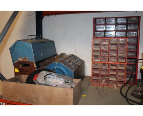 TWO SMALL TOOL BIT STORAGE DRAWERS, TWO METAL TOOL BOXES PLUS CONTENTS PLUS A TRAY OF TOOLS ETC