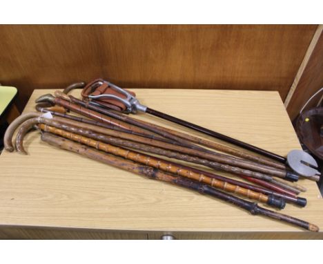 A QUANTITY OF VINTAGE WOODEN WALKING STICKS TOGETHER WITH A SHOOTING STICK