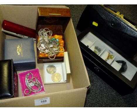 A BOX OF COSTUME JEWELLERY AND WRISTWATCHES TO INCLUDE A BOXED ROTARY EXAMPLE