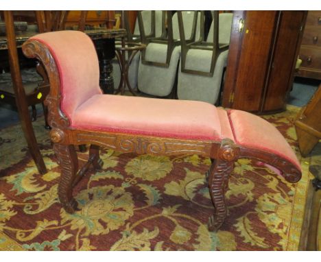 A VINTAGE OAK DROP ARM UPHOLSTERED STOOL