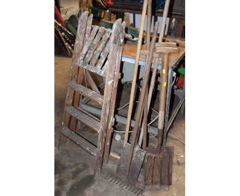 WOODEN STEP LADDERS TOGETHER WITH A SMALL SELECTION OF GARDENING EQUIPMENT ETC