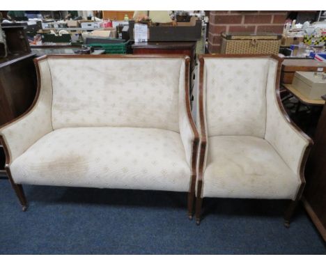 AN EDWARDIAN MAHOGANY FRAMED AND INLAID SALON SOFA AND ARMCHAIR (2)