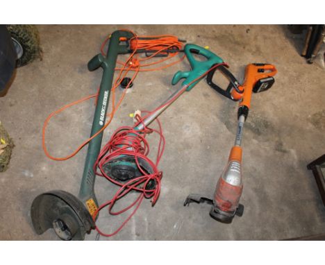 THREE ELECTRIC STRIMMERS TO INCLUDE BLACK &amp; DECKER, AND BOSCH PLUS A SMALL QUANTITY OF GARDEN TOOLS