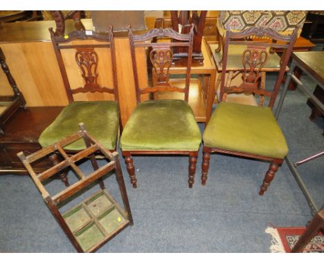 THREE EDWARDIAN MAHOGANY DINING CHAIRS TOGETHER WITH A STICK STAND (4)