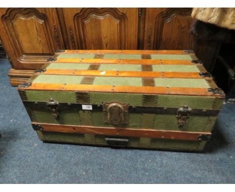 A VINTAGE BANDED TRAVELLING TRUNK, W 76 cm