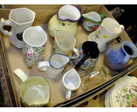 A BOX OF CERAMIC JUGS TO INCLUDE A WEST GERMAN EXAMPLE, WHISKEY JUGS ETC.
