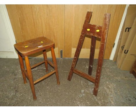 A SMALL VINTAGE STOOL AND AN EASEL (2)
