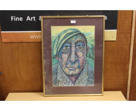 A FRAMED AND GLAZED ABSTRACT CRAYON PORTRAIT STUDY SIGNED P R TARRANT LOWER RIGHT. PICTURE SIZE - 50CM X 35CM 