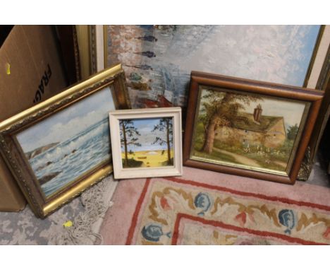 A COLLECTION OF OIL PAINTINGS TO INCLUDE STILL LIFE STUDIES, PARISIAN SCENE SIGNED BURNETT, SEASCAPE ETC. (7)