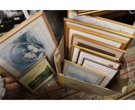 A BOX OF ASSORTED PICTURES AND PRINTS TO INCLUDE WATERCOLOURS, MAPS, LOWRY PRINT ETC.