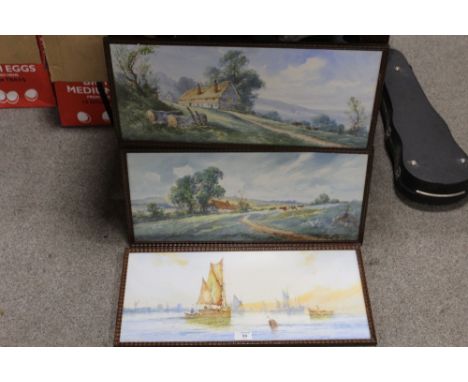 A PAIR OF FRAMED AND GLAZED WATERCOLOURS OF LANDSCAPES WITH CATTLE INDISTINCTLY SIGNED MCKINLEY? TOGETHER WITH A WATERCOLOUR 