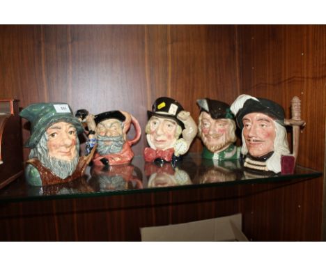 FIVE LARGE ROYAL DOULTON CHARACTER JUGS, TO INCLUDE THE MAD HATTER, ROBIN HOOD, RIP VAN WINKLE ETC.