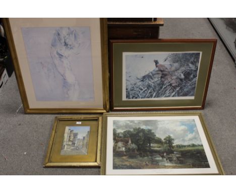 A GILT FRAMED AND GLAZED WATERCOLOUR OF A STREET SCENE SIGNED R CHARITY CHINON '98, TOGETHER WITH THREE LARGE PRINTS TO INCLU
