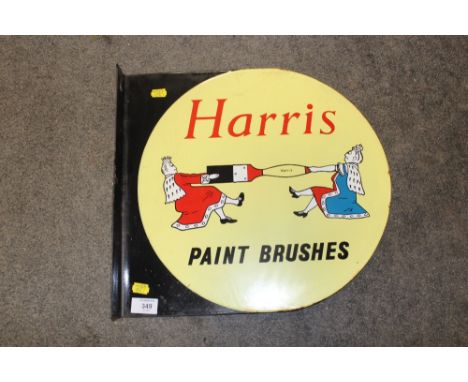 A VINTAGE DOUBLE SIDED ENAMEL SIGN FOR HARRIS PAINT BRUSHES, H 38 CM, W 40 CM